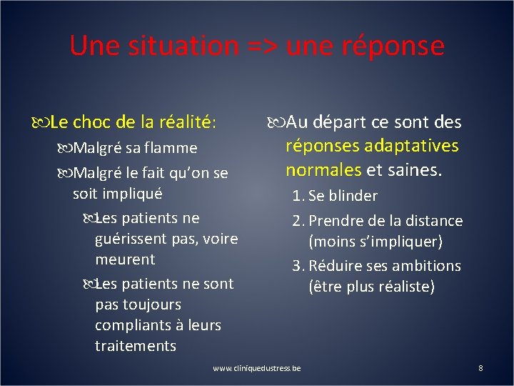 Une situation => une réponse Le choc de la réalité: Malgré sa flamme Malgré