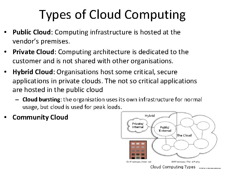 Types of Cloud Computing • Public Cloud: Computing infrastructure is hosted at the vendor’s