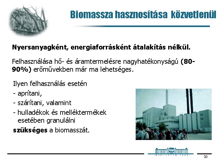 Biomassza hasznosítása közvetlenül Nyersanyagként, energiaforrásként átalakítás nélkül. Felhasználása hő és áramtermelésre nagyhatékonyságú (8090%) erőművekben