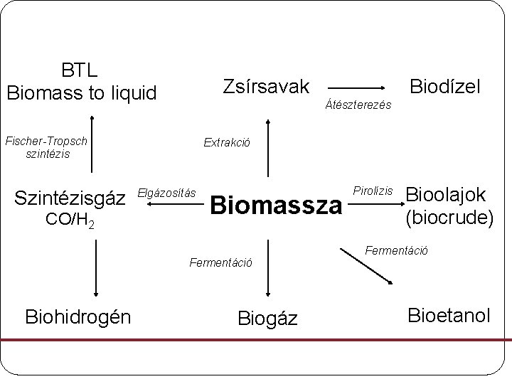 BTL Biomass to liquid Zsírsavak Átészterezés Fischer-Tropsch szintézis Szintézisgáz CO/H 2 Extrakció Elgázosítás Biomassza