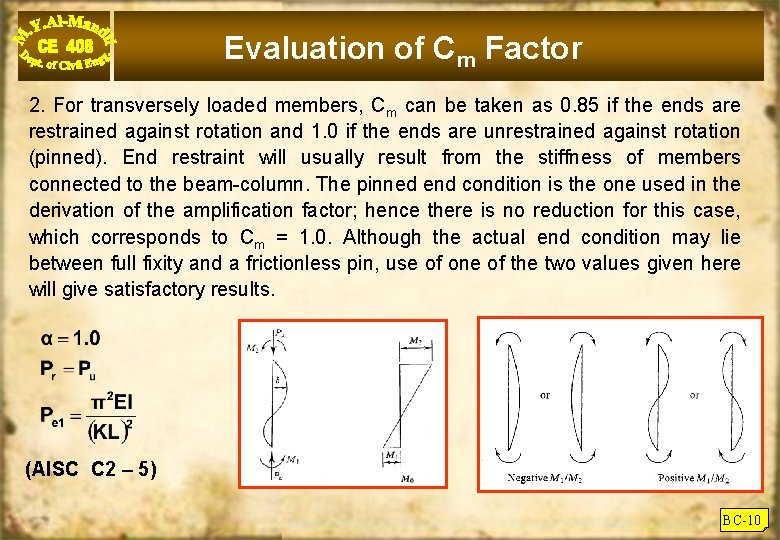 Evaluation of Cm Factor 2. For transversely loaded members, Cm can be taken as