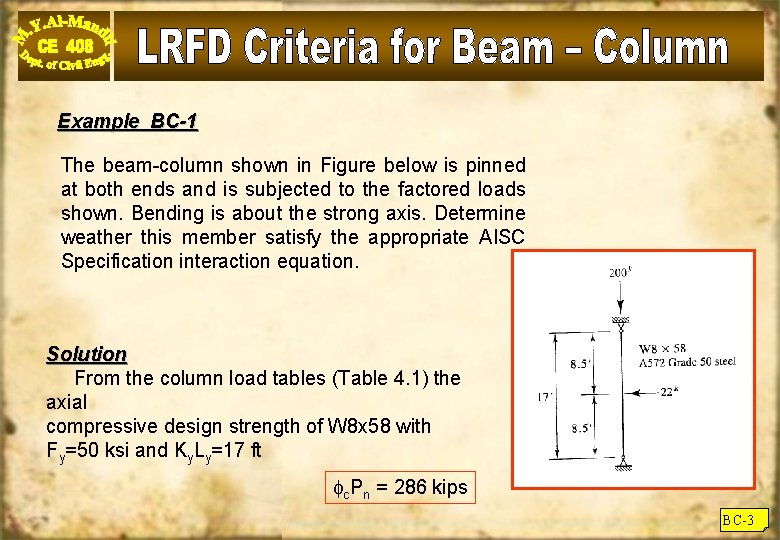 Example BC-1 The beam-column shown in Figure below is pinned at both ends and