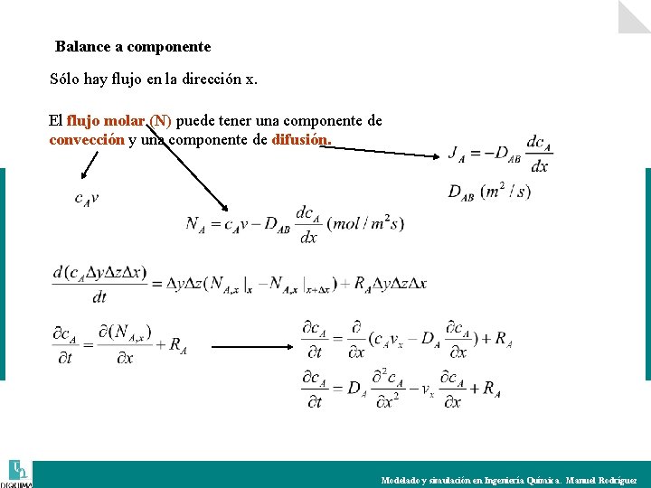 Balance a componente Sólo hay flujo en la dirección x. El flujo molar (N)