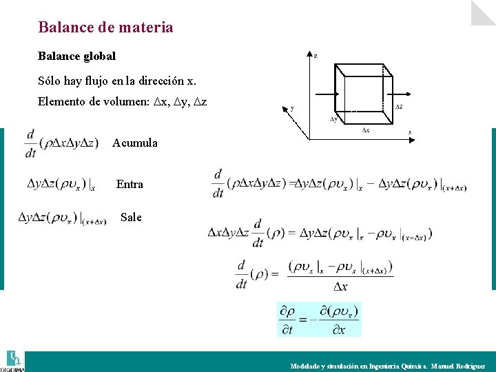 Balance de materia Balance global Sólo hay flujo en la dirección x. Elemento de