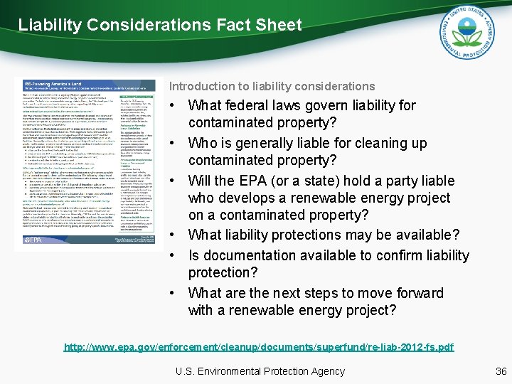 Liability Considerations Fact Sheet Introduction to liability considerations • What federal laws govern liability