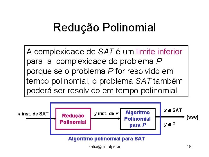 Redução Polinomial A complexidade de SAT é um limite inferior para a complexidade do