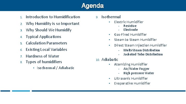 Agenda 1. 2. 3. 4. 5. 6. 7. 8. Introduction to Humidification Why Humidity