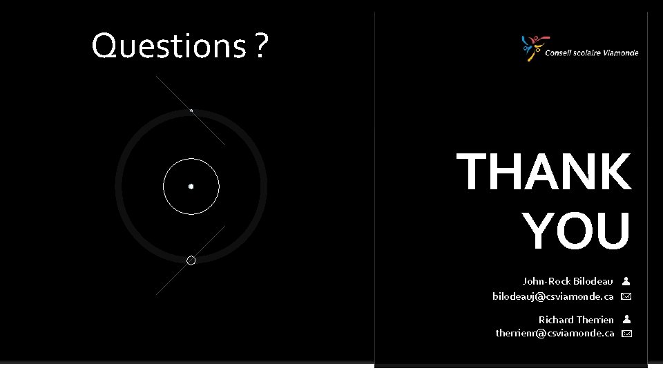 Questions ? THANK YOU John-Rock Bilodeau bilodeauj@csviamonde. ca Richard Therrien therrienr@csviamonde. ca 