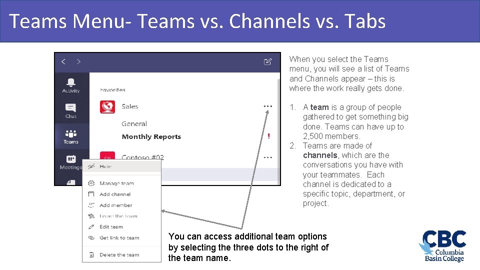 Teams Menu. Teams vs. Channels vs. Tabs Teamwork & Learning Hub When you select