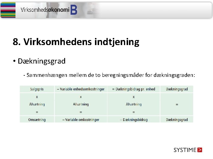 8. Virksomhedens indtjening • Dækningsgrad - Sammenhængen mellem de to beregningsmåder for dækningsgraden: 