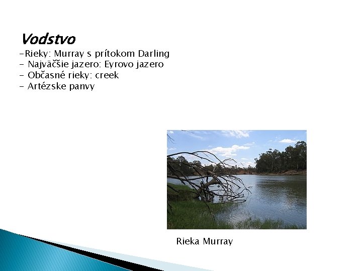 Vodstvo -Rieky: Murray s prítokom Darling - Najväčšie jazero: Eyrovo jazero - Občasné rieky: