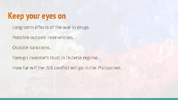 Keep your eyes on Long term effects of the war in drugs. Possible outside