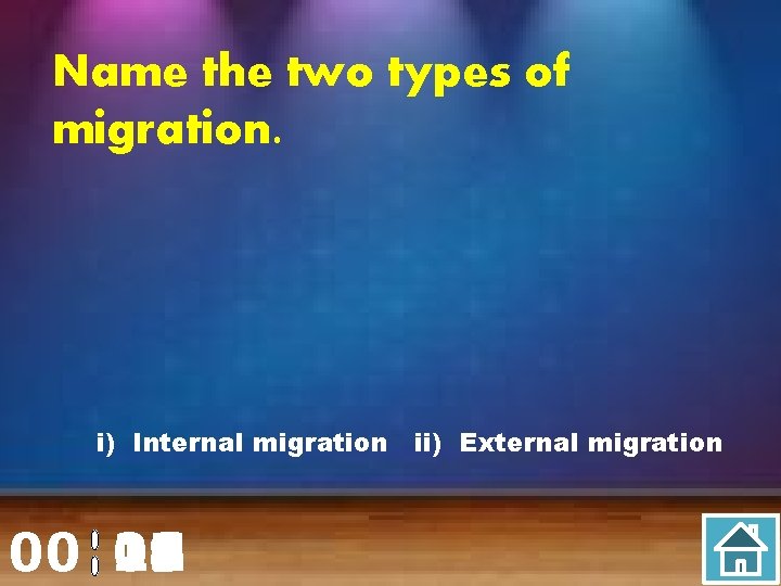 Name the two types of migration. i) Internal migration ii) External migration 00 20