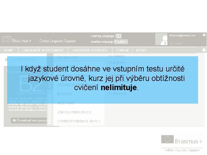 I když student dosáhne ve vstupním testu určité jazykové úrovně, kurz jej při výběru