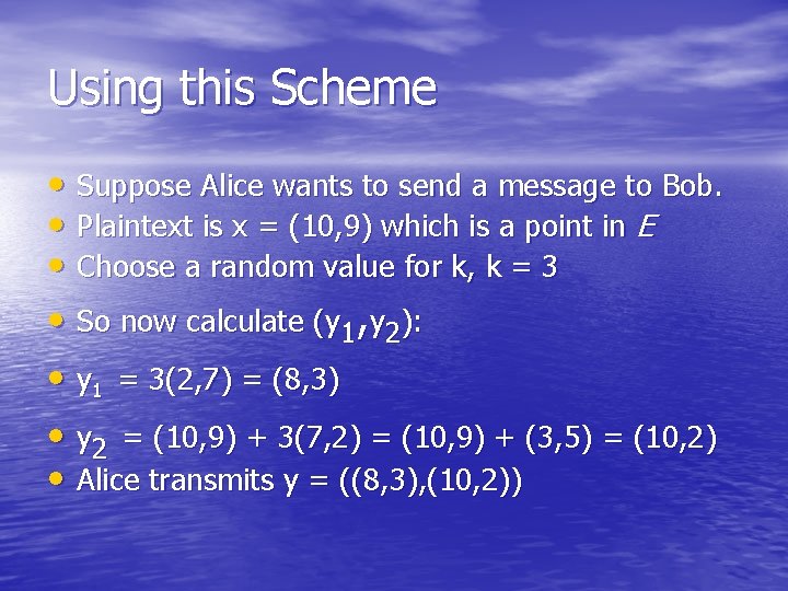 Using this Scheme • Suppose Alice wants to send a message to Bob. •