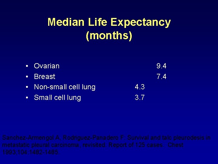 Median Life Expectancy (months) • • Ovarian Breast Non-small cell lung Small cell lung