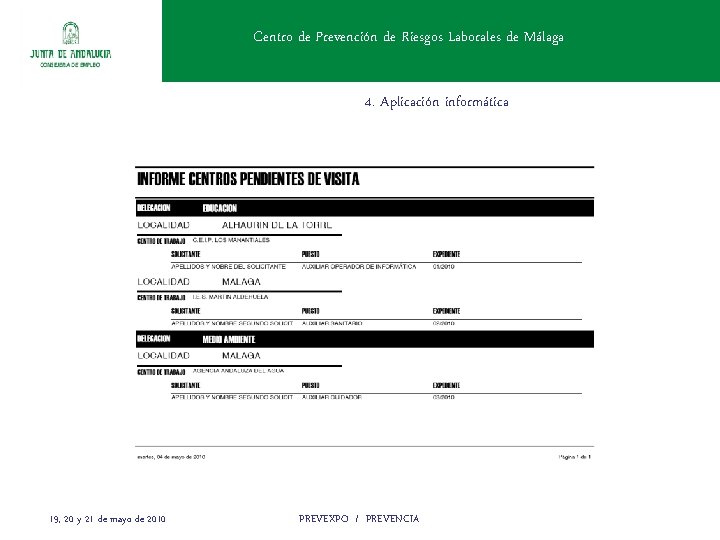 Centro de Prevención de Riesgos Laborales de Málaga 4. Aplicación informática 19, 20 y