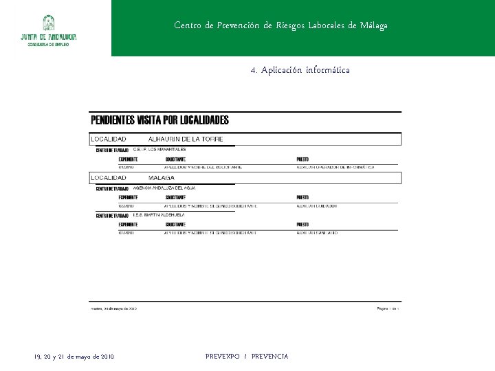 Centro de Prevención de Riesgos Laborales de Málaga 4. Aplicación informática 19, 20 y