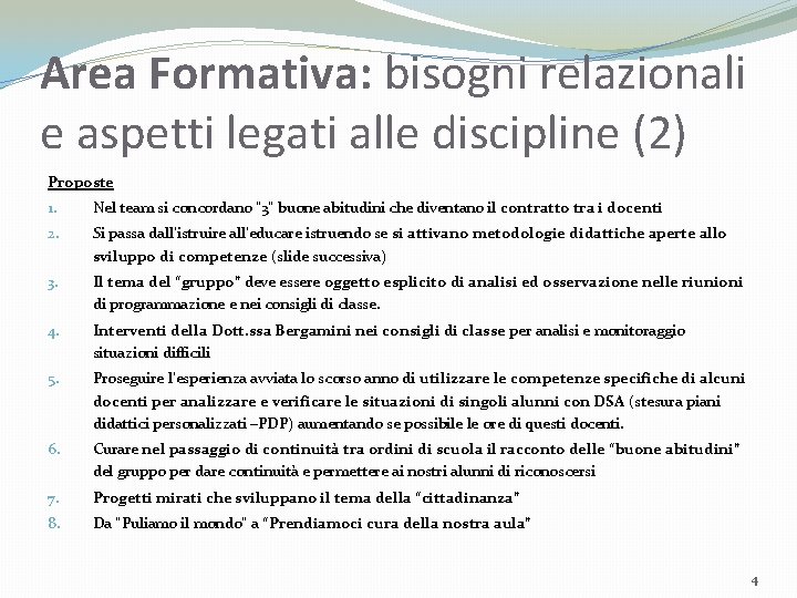 Area Formativa: bisogni relazionali e aspetti legati alle discipline (2) Proposte 1. Nel team