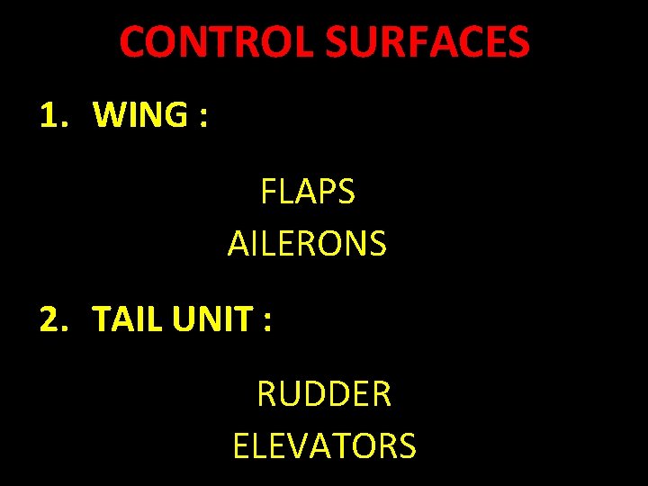 CONTROL SURFACES 1. WING : FLAPS AILERONS 2. TAIL UNIT : RUDDER ELEVATORS 