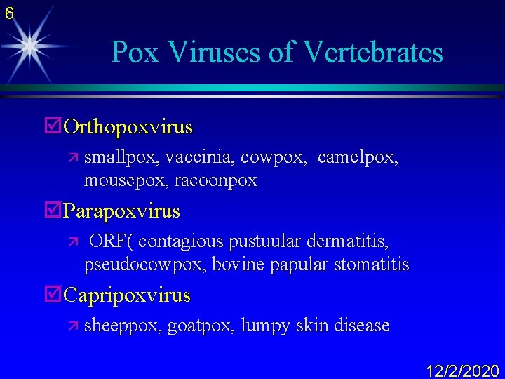 6 Pox Viruses of Vertebrates þOrthopoxvirus ä smallpox, vaccinia, cowpox, camelpox, mousepox, racoonpox þParapoxvirus