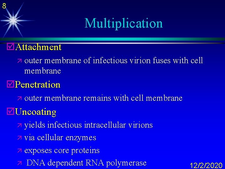 8 Multiplication þAttachment ä outer membrane of infectious virion fuses with cell membrane þPenetration