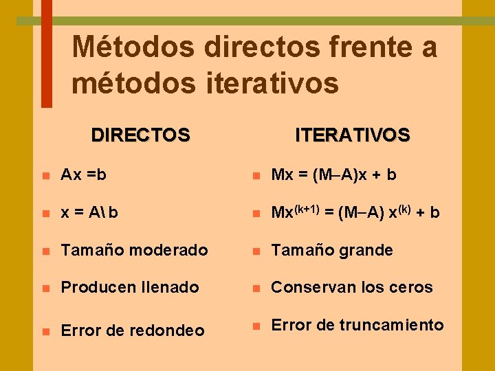 Métodos directos frente a métodos iterativos DIRECTOS ITERATIVOS n Ax =b n Mx =