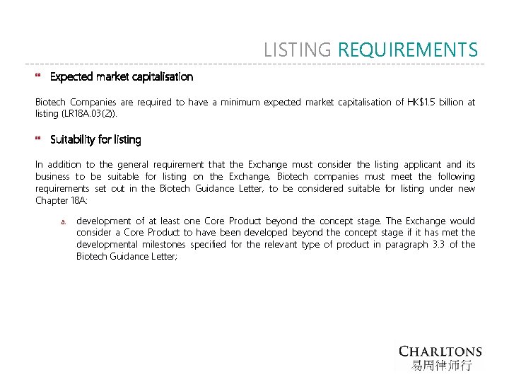 LISTING REQUIREMENTS Expected market capitalisation Biotech Companies are required to have a minimum expected