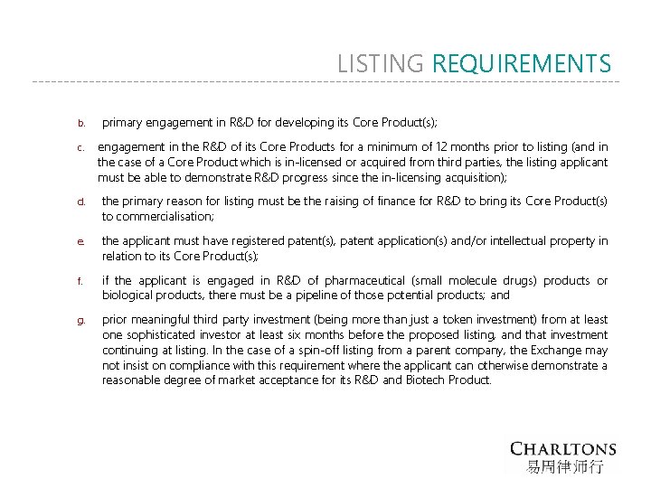 LISTING REQUIREMENTS b. primary engagement in R&D for developing its Core Product(s); c. engagement