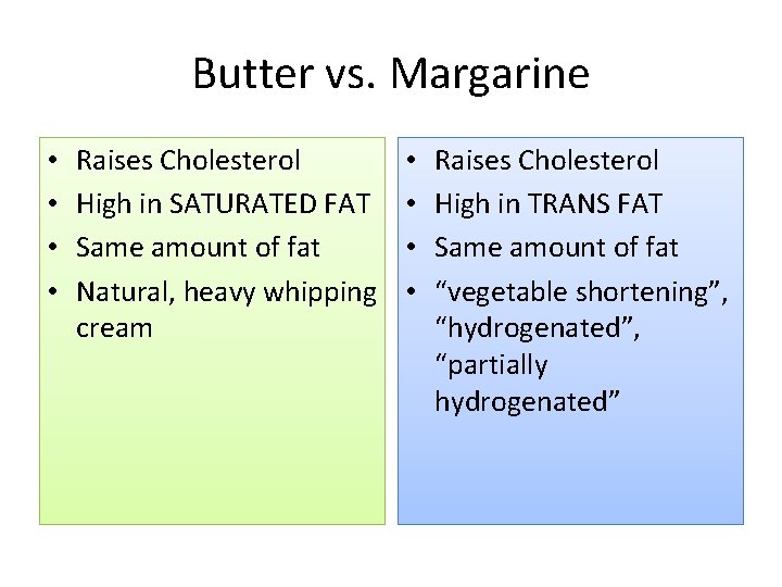 Butter vs. Margarine • • Raises Cholesterol High in SATURATED FAT Same amount of Butter vs. Margarine • • Raises Cholesterol High in SATURATED FAT Same amount of