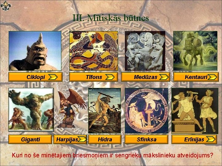III. Mītiskās būtnes Ciklopi Giganti Tīfons Harpijas Hidra Medūzas Sfinksa Kentauri Erīnijas Kuri no