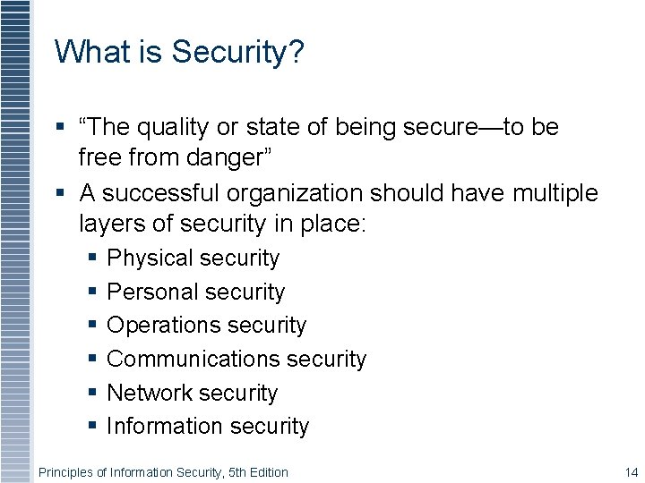 What is Security? “The quality or state of being secure—to be free from danger”