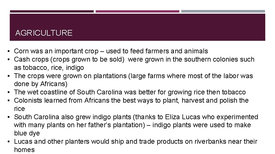 AGRICULTURE • Corn was an important crop – used to feed farmers and animals