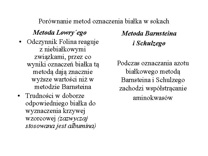 Porównanie metod oznaczenia białka w sokach Metoda Lowry´ego • Odczynnik Folina reaguje z niebiałkowymi