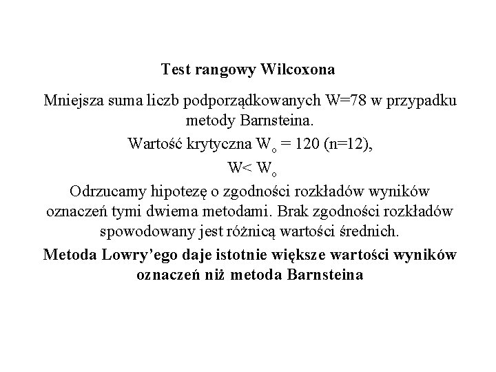 Test rangowy Wilcoxona Mniejsza suma liczb podporządkowanych W=78 w przypadku metody Barnsteina. Wartość krytyczna