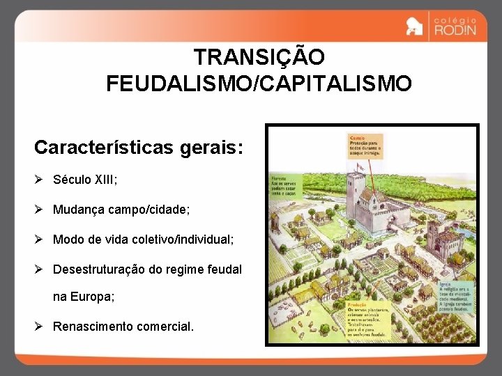 TRANSIÇÃO FEUDALISMO/CAPITALISMO Características gerais: Ø Século XIII; Ø Mudança campo/cidade; Ø Modo de vida