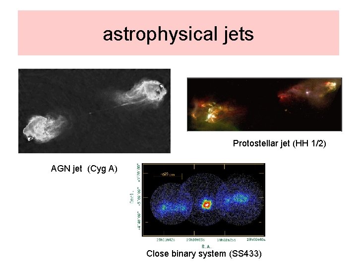 astrophysical jets Protostellar jet (HH 1/2) AGN jet (Cyg A) Close binary system (SS