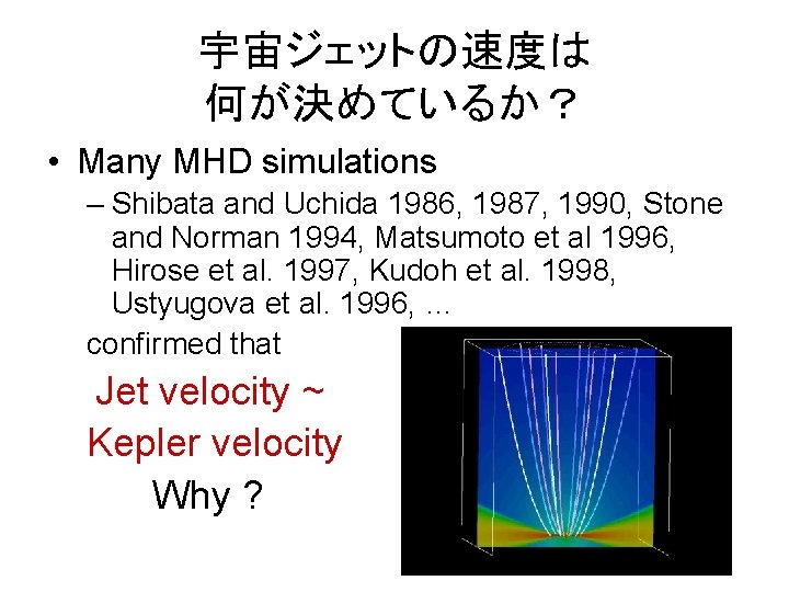 宇宙ジェットの速度は 何が決めているか？ • Many MHD simulations – Shibata and Uchida 1986, 1987, 1990, Stone