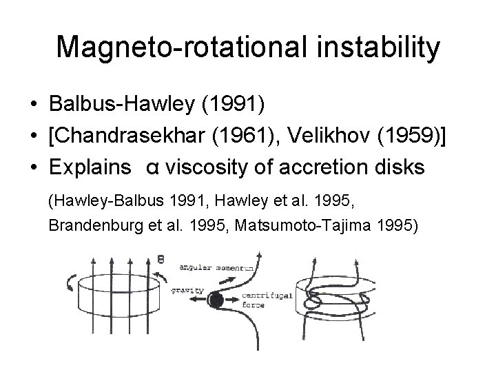 Magneto-rotational instability • Balbus-Hawley (1991) • [Chandrasekhar (1961), Velikhov (1959)] • Explains　α viscosity of