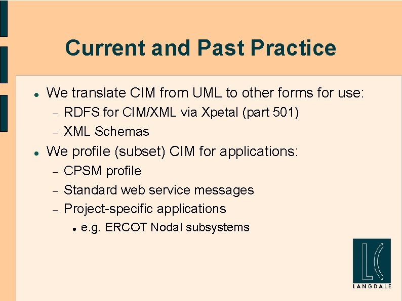 Current and Past Practice We translate CIM from UML to other forms for use: