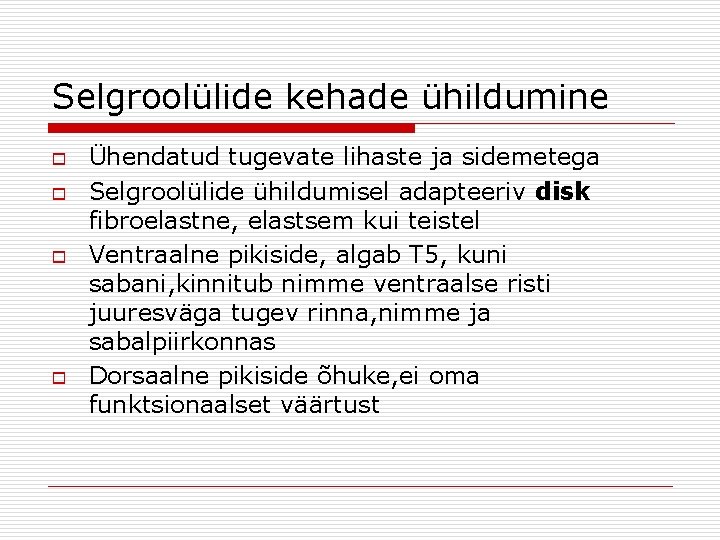 Selgroolülide kehade ühildumine o o Ühendatud tugevate lihaste ja sidemetega Selgroolülide ühildumisel adapteeriv disk