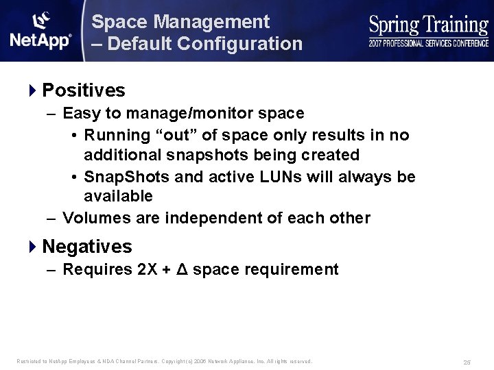 Space Management – Default Configuration 4 Positives – Easy to manage/monitor space • Running