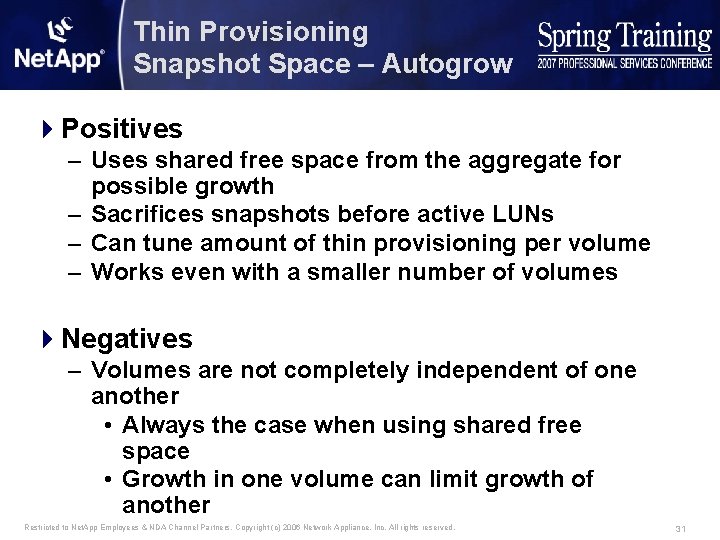 Thin Provisioning Snapshot Space – Autogrow 4 Positives – Uses shared free space from