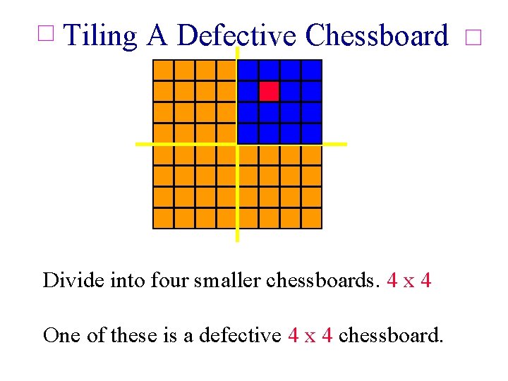 Tiling A Defective Chessboard Divide into four smaller chessboards. 4 x 4 One of Tiling A Defective Chessboard Divide into four smaller chessboards. 4 x 4 One of