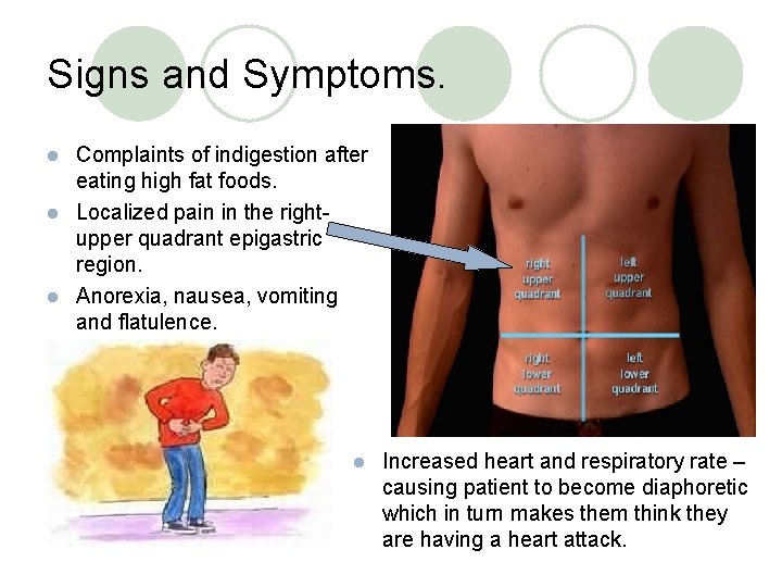 Signs and Symptoms. Complaints of indigestion after eating high fat foods. l Localized pain