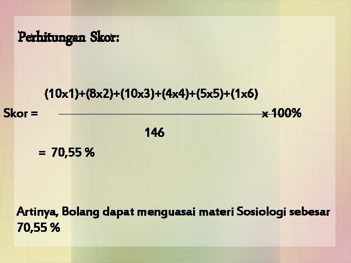 Perhitungan Skor: (10 x 1)+(8 x 2)+(10 x 3)+(4 x 4)+(5 x 5)+(1 x