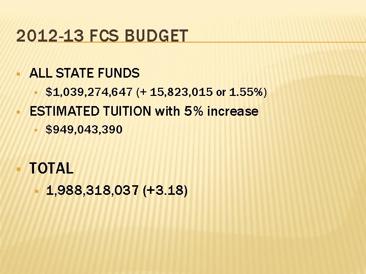 2012 -13 FCS BUDGET § ALL STATE FUNDS § § ESTIMATED TUITION with 5%