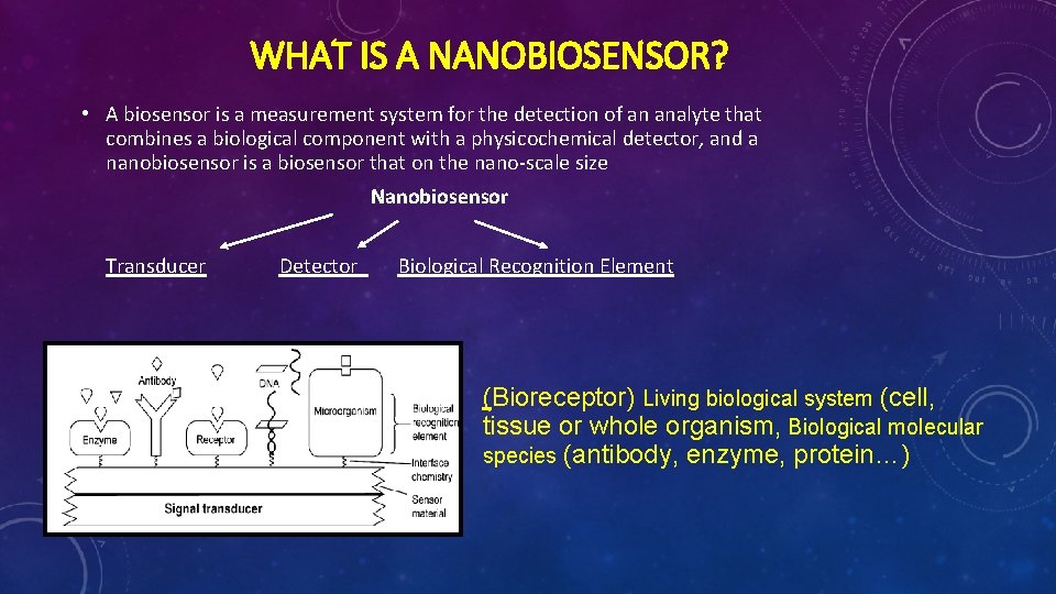 WHAT IS A NANOBIOSENSOR? • A biosensor is a measurement system for the detection
