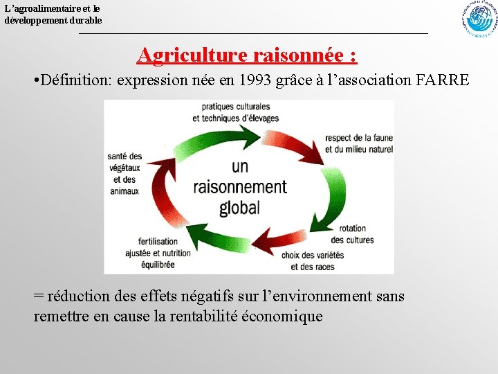 L’agroalimentaire et le développement durable Agriculture raisonnée : • Définition: expression née en 1993