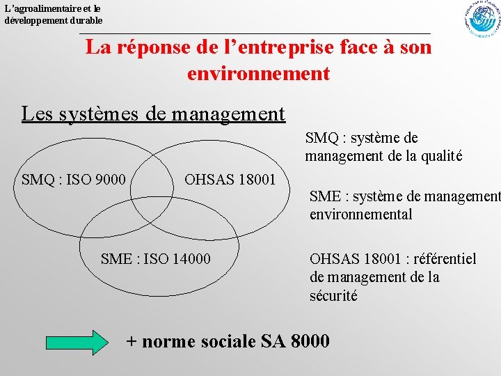 L’agroalimentaire et le développement durable La réponse de l’entreprise face à son environnement Les